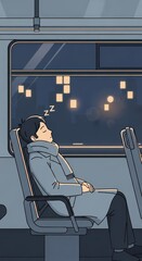 Young man peacefully sleeps while seated inside a moving transit vehicle at night