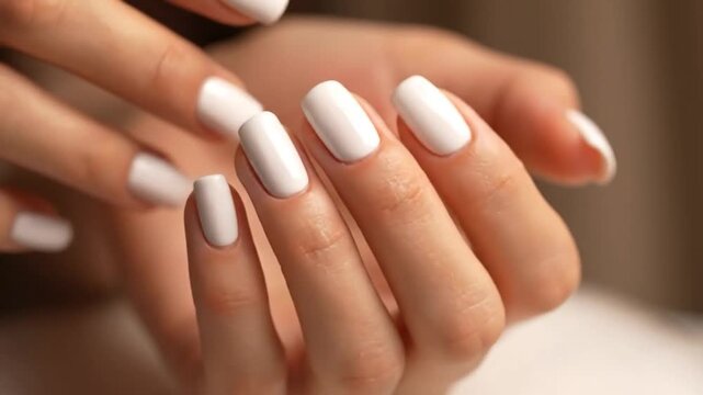 Close-up of elegant hands with pristine white manicured nails
