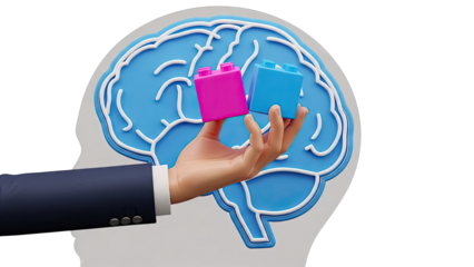 Hand holding building blocks within a brain outline