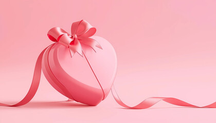 Pink heart gift box with ribbon on pink background