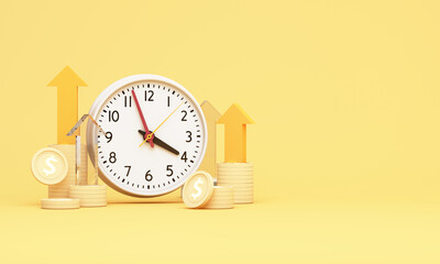 Clock with stacked coins and upward bars symbolizing long-term investment growth, time value of money, and disciplined financial planning for future wealth. 3d rendering.