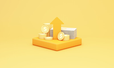 Rising bar chart with coins and cash stack symbolizing investment growth, savings strategy, and long-term financial success on a clean yellow background. 3d rendering.