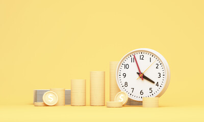 Investment growth concept with clock, percentage block, and rising bars representing interest, DCA strategy, and financial progress over time. 3d rendering.