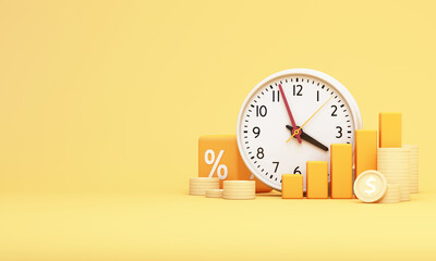 Financial growth concept with clock, coins, and rising arrows representing time-based investing, compound growth, and future-focused investment strategy. 3d rendering.