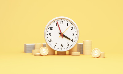 Clock and stacked coins arranged as growth chart, symbolizing long-term investing, compound returns, and financial stability through time. 3d rendering.