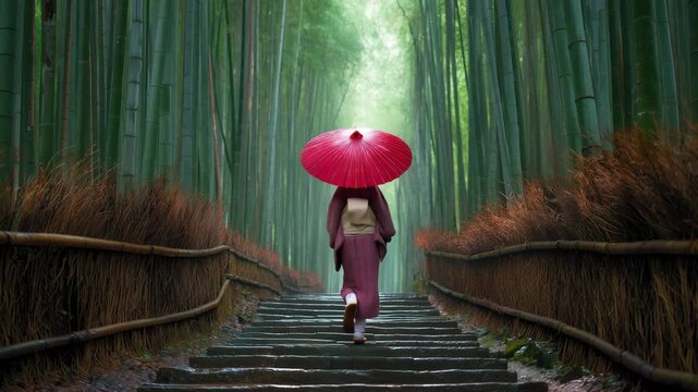 女性がショール姿で竹林の石段を歩く