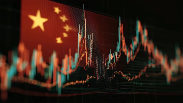 中国旗を背景にした市場データ光跡チャート表示