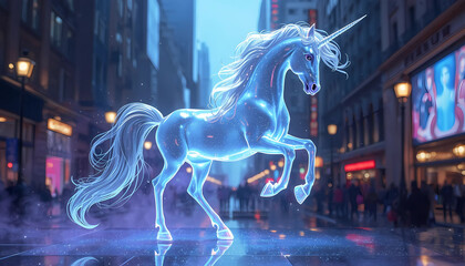 Glowing unicorn runs through vibrant city street at dusk