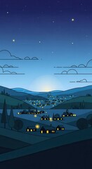 Stylized illustration depicts a peaceful village nestled among rolling hills under a starry night sky