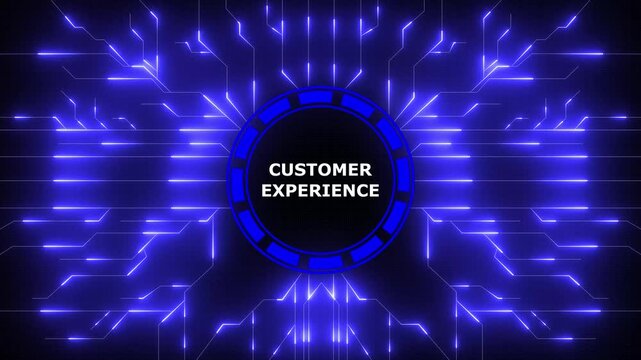Customer experience concept with digital circuitry on a modern blue background, 4k video