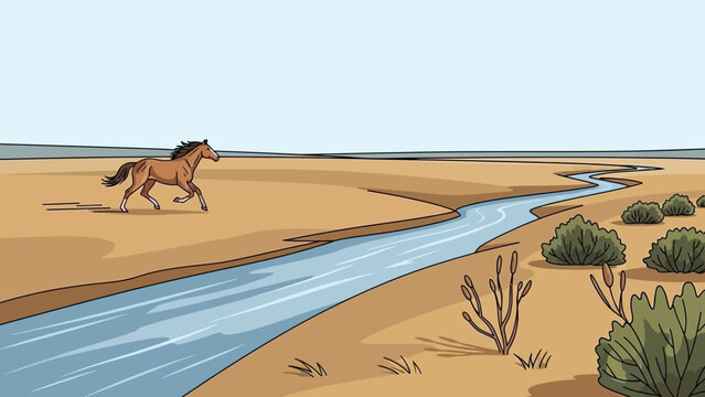 Brown Horse Running Near Water Stream.