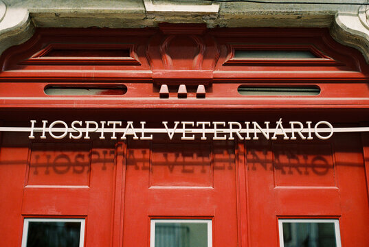 Red veterinary hospital door with cast shadow
