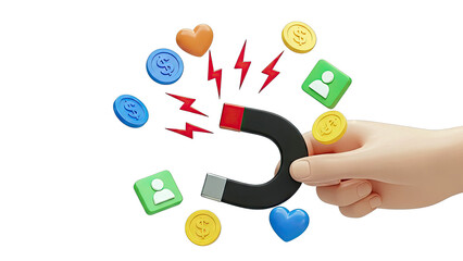 Magnet attracting icons: money, hearts, people, and lightning bolts