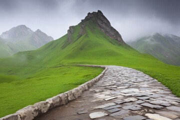 Stone pathway leading towards a dramatic green mountain peak under a cloudy sky image photo