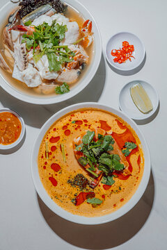 Seafood soup and Tom Yum Kung soup at Malaysian restaurant