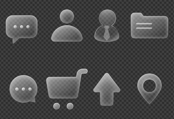 Glassmorphism transparent icons set. Modern user interface elements collection.
