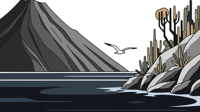 Seagull Flying Over Water Near Mountain.