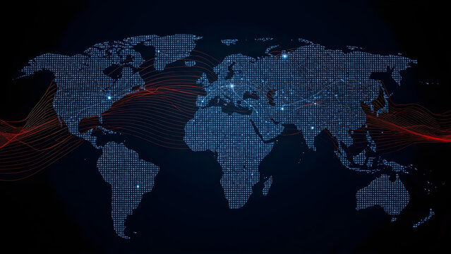 Global network connections visualized on a dark world map with red lines and blue lights