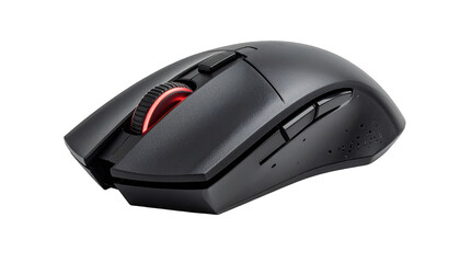 Angled shot of a sleek black gaming mouse with illuminated scroll wheel