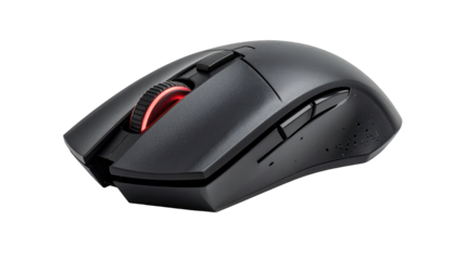 Angled shot of a sleek black gaming mouse with illuminated scroll wheel