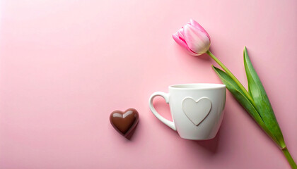 Valentines Day White Mug With Heart, Pink Tulip, And Chocolate Heart On Soft Pink Background.