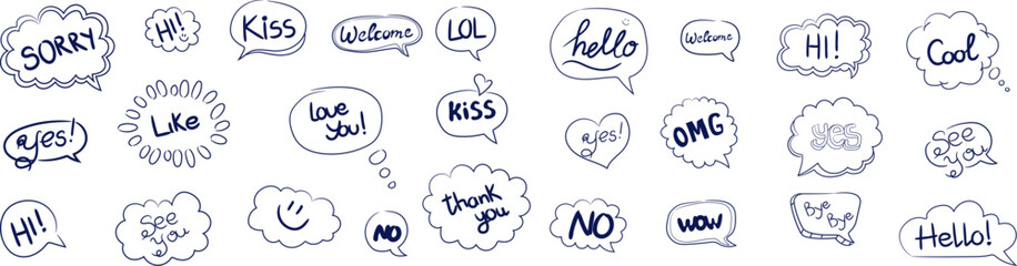 Hand-drawn think and talk speech bubbles featuring love messages in a playful, sketch-style design.
