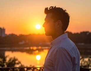 Man's silhouette in profile against the backdrop of a vibrant sunset