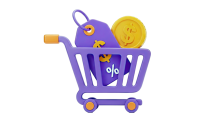 Shopping cart with discount tag, dollar coin, and percentage symbol