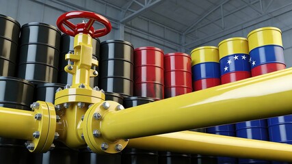 Silhouette of oil rig and oil barrels on a background of Venezuela flag