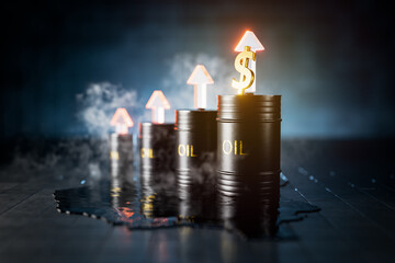Rising oil prices. Increased oil production. Environmental disaster. Fuel. Sanctions. Oil refining industry. Oil tanker. Global oil market. Barrels of oil. Concept of oil price changes. 3d render