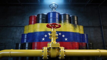 Silhouette of oil rig and oil barrels on a background of Venezuela flag