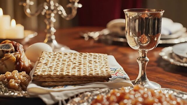 Passover background with matzah bread and ceremonial plate on wooden table for Jewish celebration