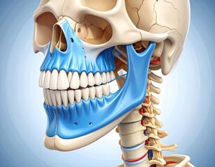 Medical illustration of human skull showing the jaw and teeth