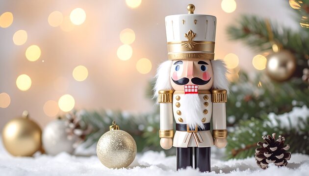 A festive still life featuring a wooden soldier, ornaments, and pine sprigs in a snowy setting with soft bokeh