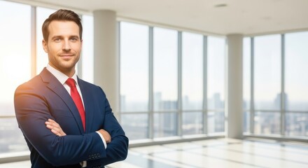 Fototapeta premium A man in a suit standing in an empty office with a city skyline in the background.