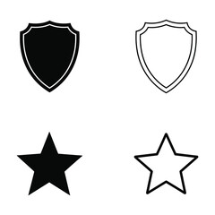 Shield and Star Icon Set with Filled and Outline Shapes Isolated on White Background