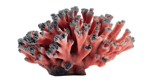 Red coral growing on a reef, showing intricate polyps and vibrant marine life, isolated with transparent background