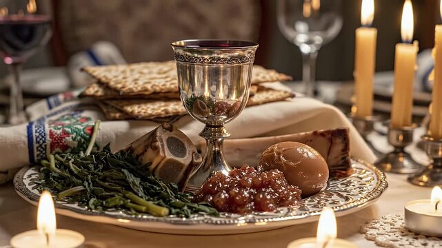 Passover background with wine cup and herbs arranged neatly for Jewish Seder celebration