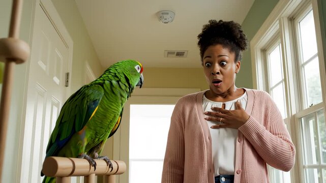 Amazed Woman Reacts to Parrot's Voice in Interior Home Setting