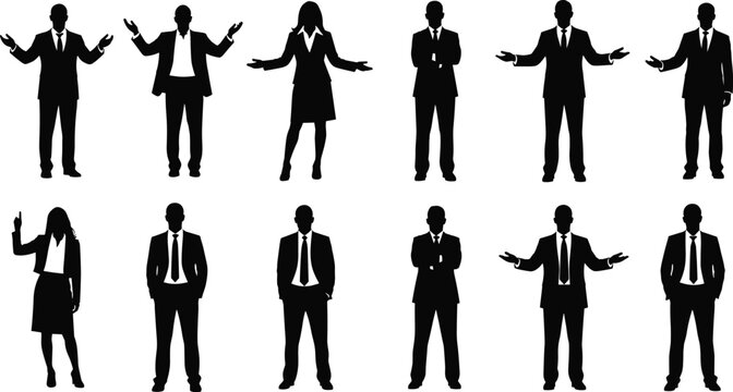 Professional business silhouettes of men and women in formal attire showing diverse corporate poses and confident body language gestures