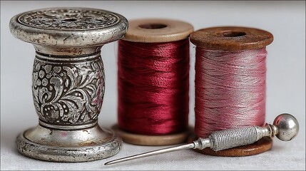 Vintage sewing tools with red thread spools and silver thimble