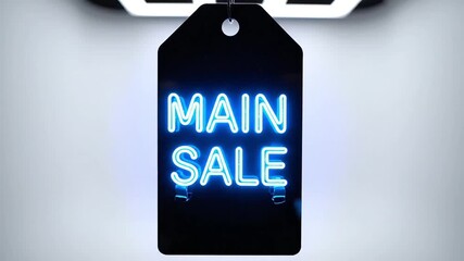 A black price tag with neon blue 'MAIN SALE' text hangs from an unseen object against a gray gradient background
