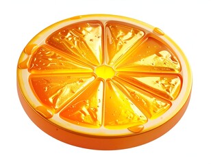Vivid, close-up view of an orange slice with glossy textures and droplets