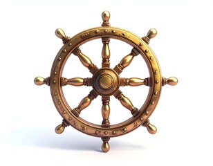 Gleaming brass ship's wheel centered against a stark white backdrop