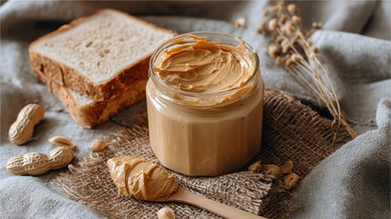 Creamy Peanut Butter Jar with Toasted Bread and Peanuts