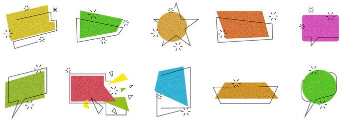 Mezzotint-effect quality badges and social media comment text label designs in a textured, vintage-style vector file.