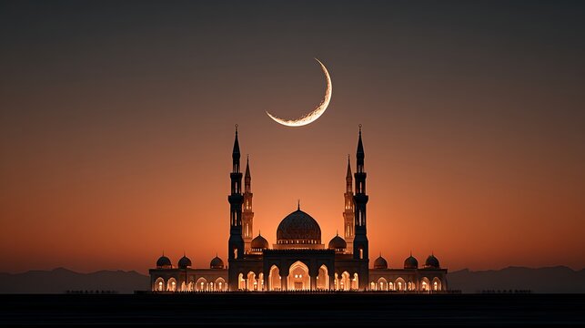 Majestic mosque silhouette at sunset with crescent moon