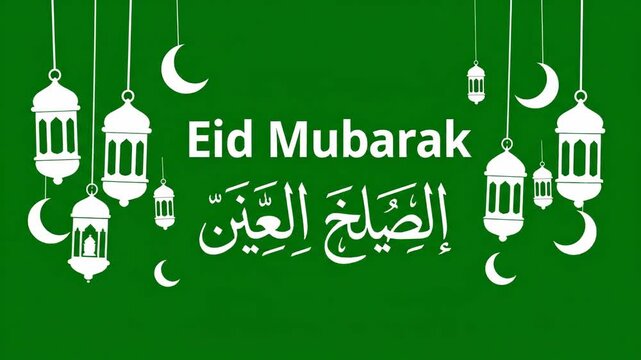 A vibrant green flat vector illustration displays white arabic calligraphy for eid mubarak and ramadan kareem, detailed with hanging lanterns and moons.