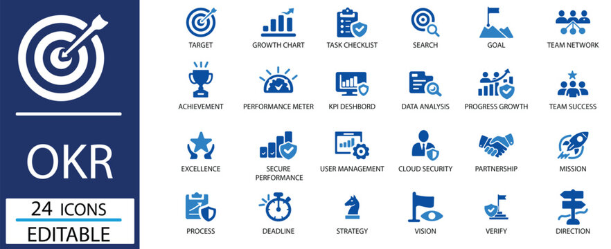 OKR and Business Goal Icon Set.Solid Glyph Vector Symbols for Performance Management and Strategy.Solid icons vector collection.