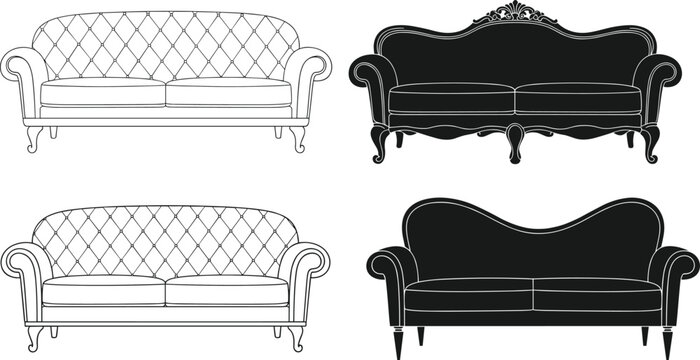 Silhouette and Outline Collection of Classic and Modern Sofa Designs for Interior, Furniture, and Home Decor Concepts